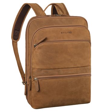 "Giuseppe" Schmaler Laptop Rucksack 15 - 16 Zoll für Damen und Herren Großer Laptoprucksack braun aus der schrägen Frontalperspektive