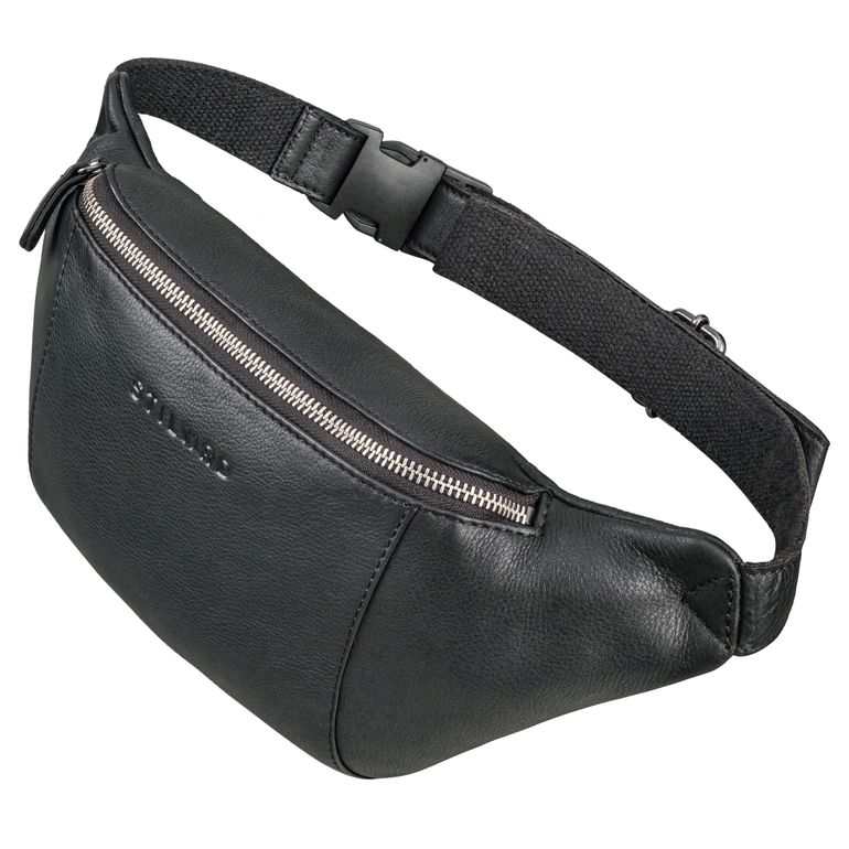 Bauchtasche Leder schwarz aus der schrägen Frontalperspektive