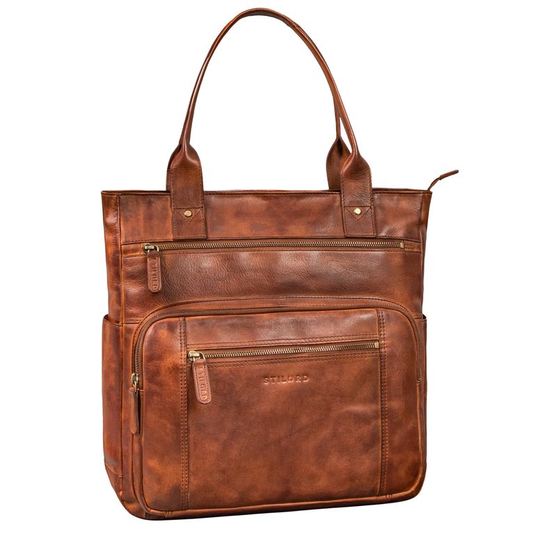 Große Handtasche Damen Leder cognac mit vielen Fächern