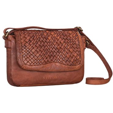 "Ria" Retro Umhängetasche Damen Klein Leder mit geflochtenem Überschlag damen leder-tasche klein cognac umhaengetasche frauen vintage echtleder
