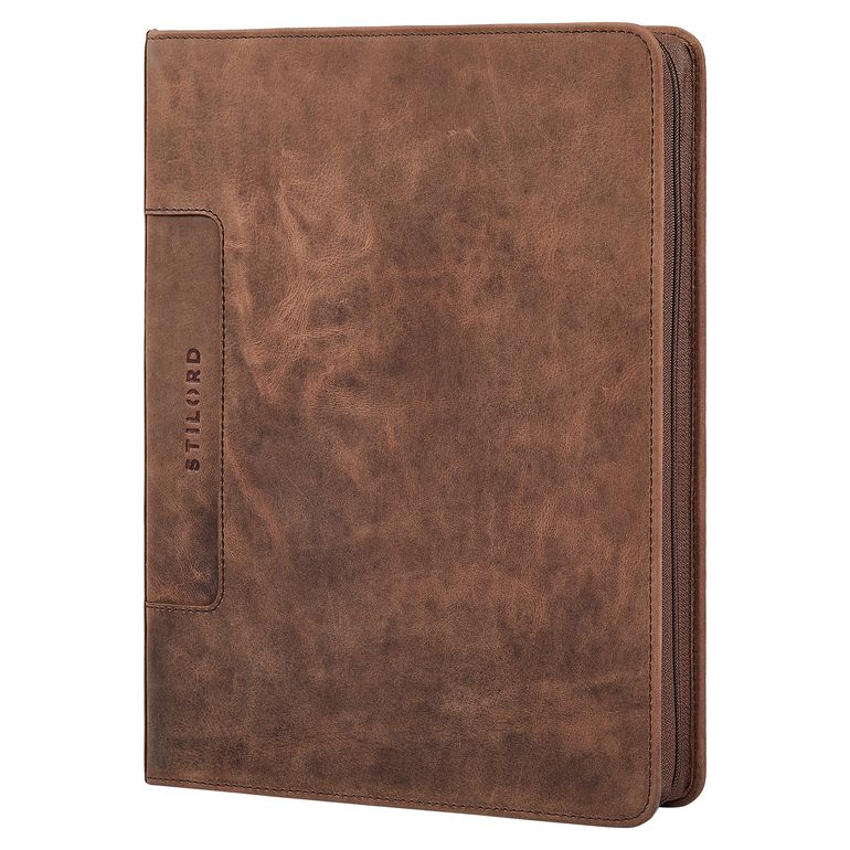 Braune A4 Leder Mappe mit Ringbuch Tabletfach 11 Zoll Echtleder