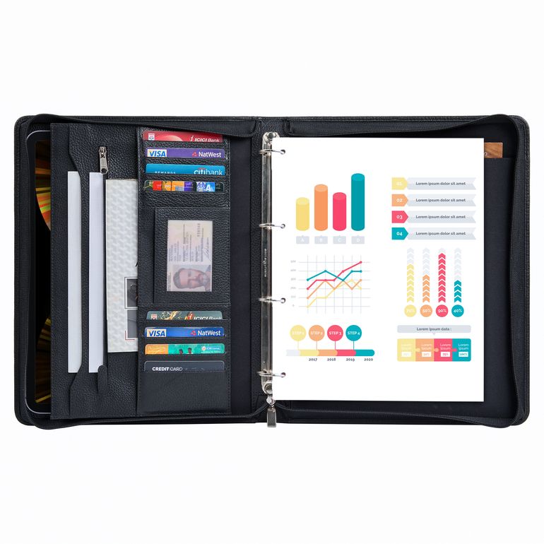 Leder Mappe mit Ringbuch Schwarz Aktenmappe mit Tabletfach 11 Zoll Gross