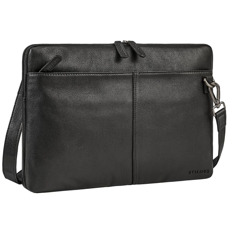 Schmale Schwarze Laptoptasche Leder mit abnehmbaren Gurt & Griff für 13 - 15.6 Zoll Laptop
