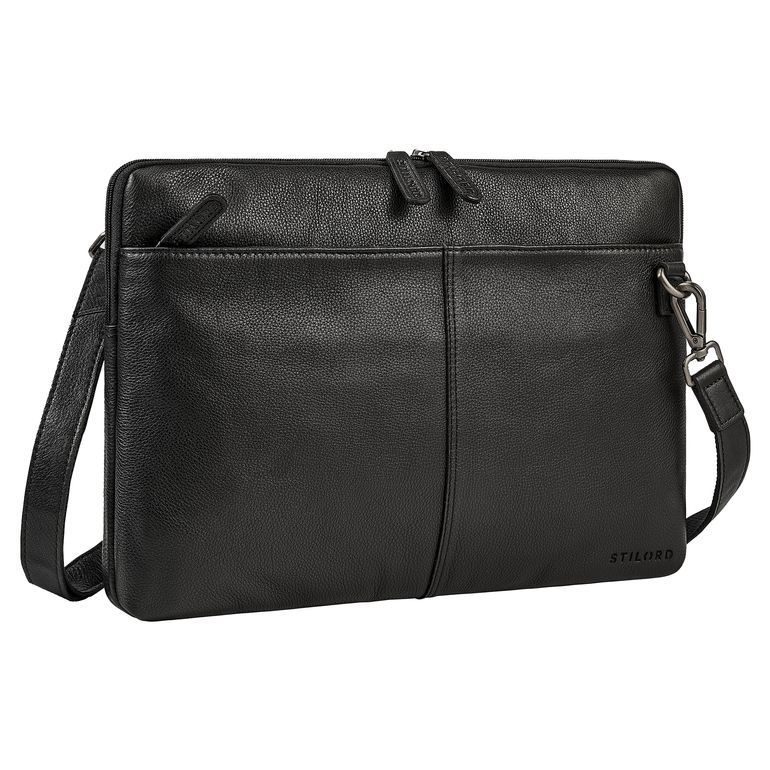 Schmale Schwarze Laptoptasche Leder mit abnehmbaren Gurt & Griff für 13 - 15.6 Zoll Laptop