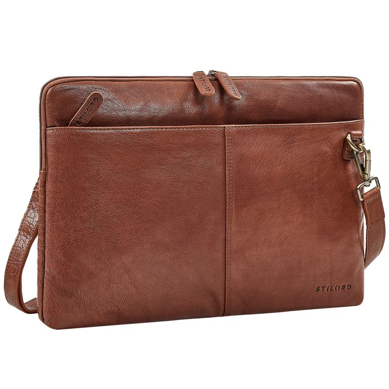 Schlanke Vintage Laptoptasche 15.6 Zoll Leder Braun mit abnehmbaren Schultergurt