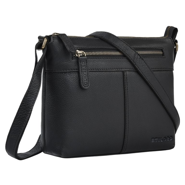 Schwarze Kleine Ledertasche Damen mit Reißverschluss & Gurt für 8 Zoll