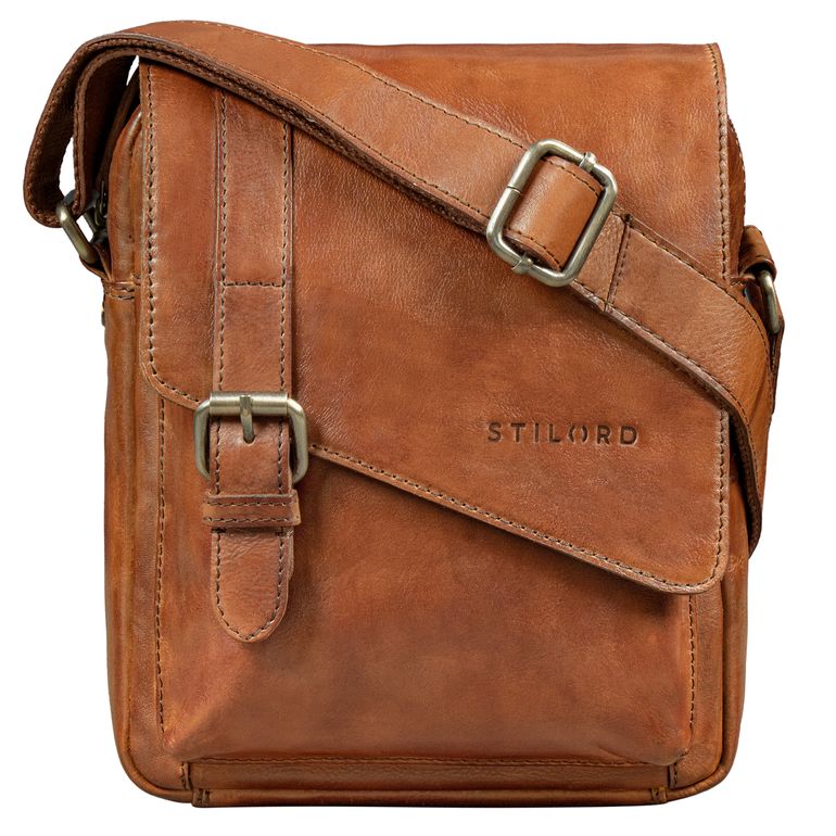 Kleine Herrenhandtasche Leder Cognac für 8 Zoll Tablet mit Magnetverschluss und Schnalle